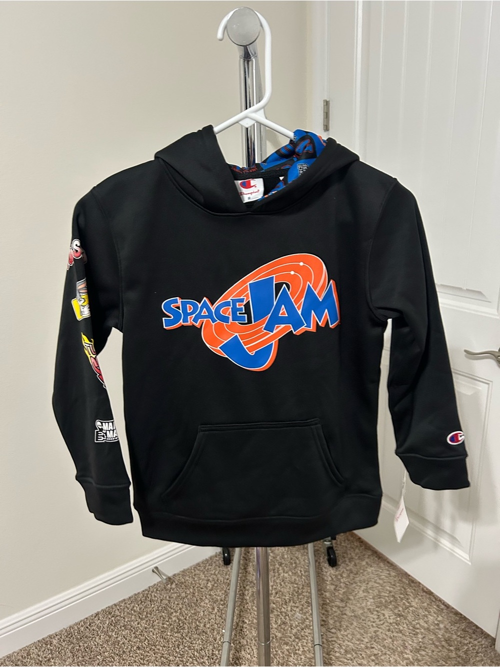 Champion Black Kids Hoodie with Orange & Blue Space Jam Logo